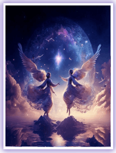 Two angels are standing in front of a moon.